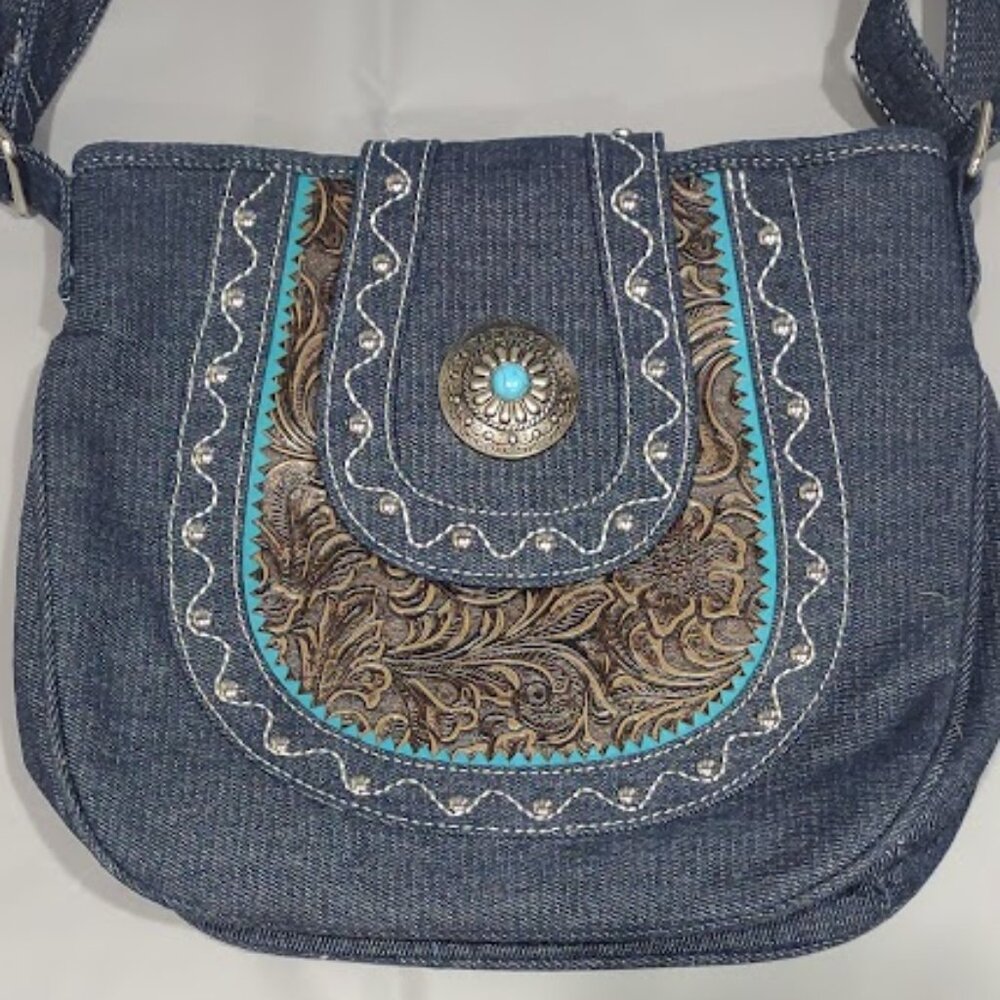 CANYON SKY SOUTHWEST INSPIRED DENIM FAUX TURQUOISE CONCH FAUX LEATHER CROSSBODY